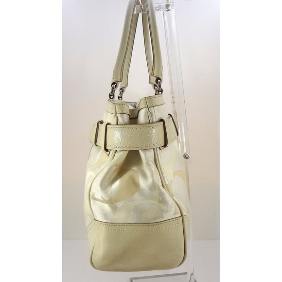 Coach Hampton Signature Cream White Canvas Stripe Satchel Shoulder Bag Buckle - Picture 4 of 11